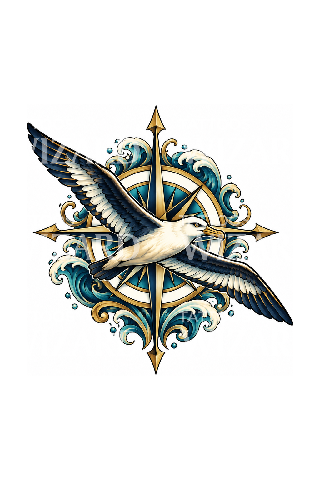 Albatross over Compass Rose Nautical Tattoo Design