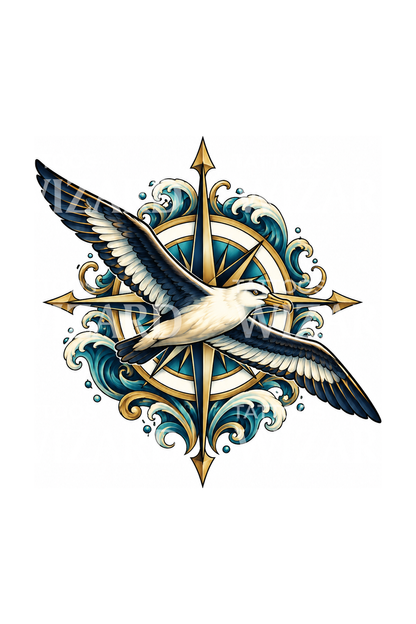 Albatross over Compass Rose Nautical Tattoo Design