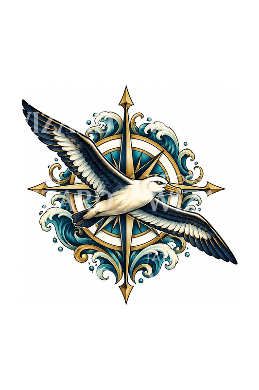 Albatross over Compass Rose Nautical Tattoo Design