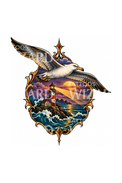 Tattoo-Illustration eines Albatros über einem Leuchtturm bei Dämmerung