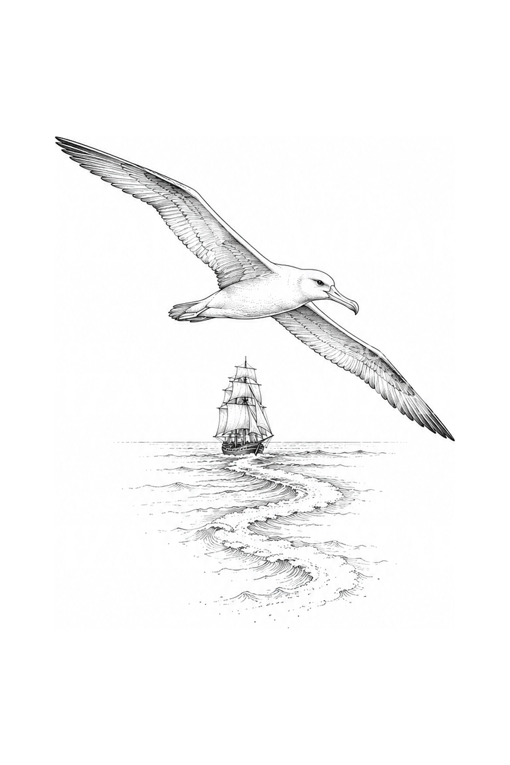 Fineline-tatovering med albatros over skibets kølvand