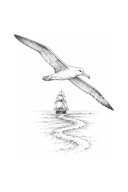 Fineline-tatovering med albatros over skibets kølvand
