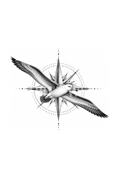 Albatros nad różą kompasową, tatuaż dotwork
