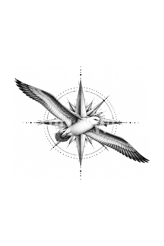 Albatross Seabird over Compass Rose Dotwork Tattoo