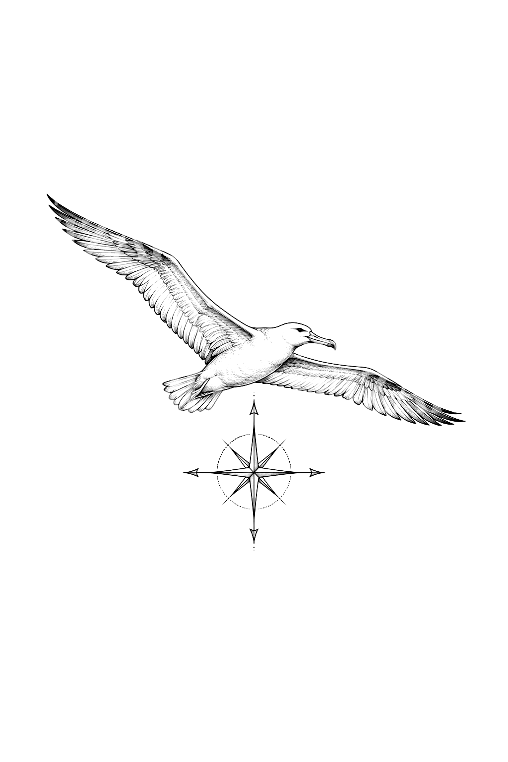 Fine line-tatuering med albatross och kompassros