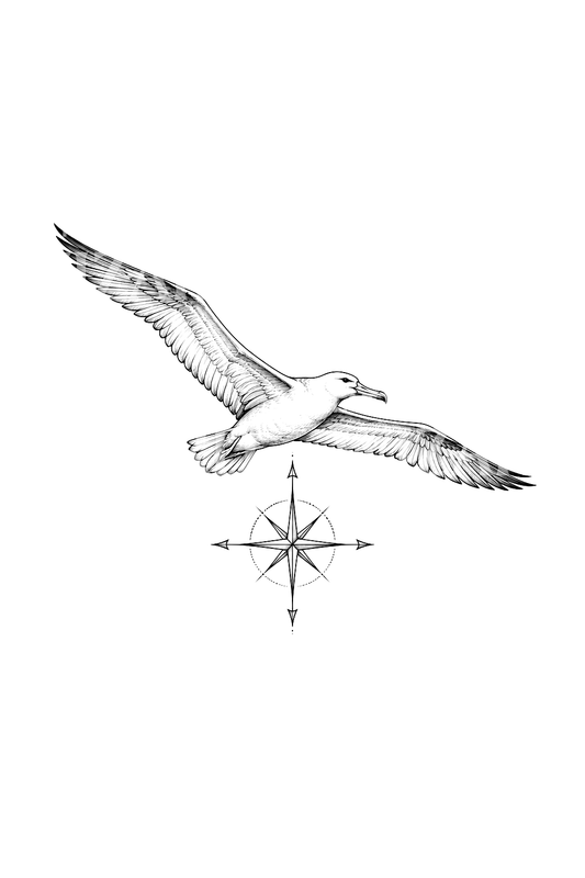 Albatross with Compass Rose Fine Line Tattoo Design