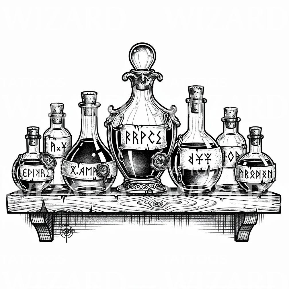 Alchemy Potion Shelf Tattoo Design