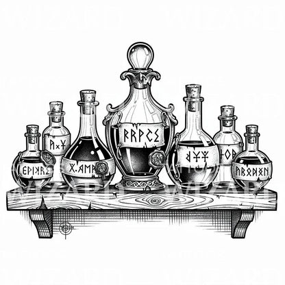 Alchemy Potion Shelf Tattoo Design