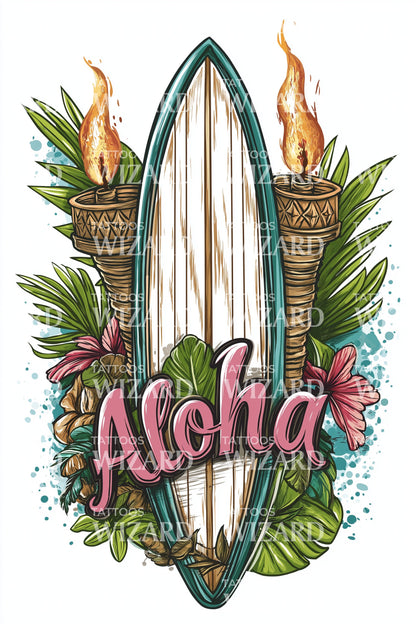 Aloha Floral Surfboard Tattoo Design