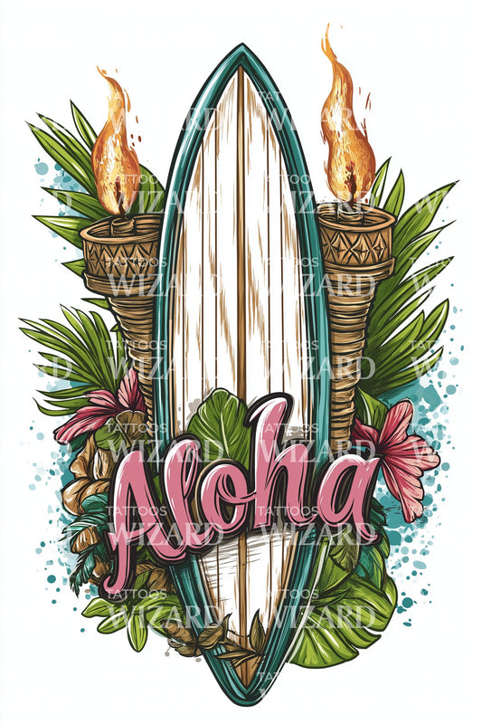 Aloha Floral Surfboard Tattoo Design