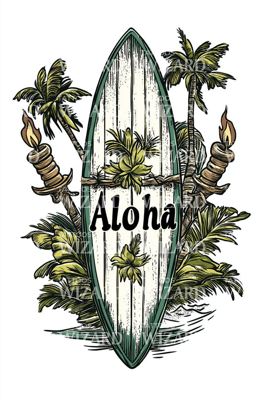 Aloha Island Surfboard Tattoo Design