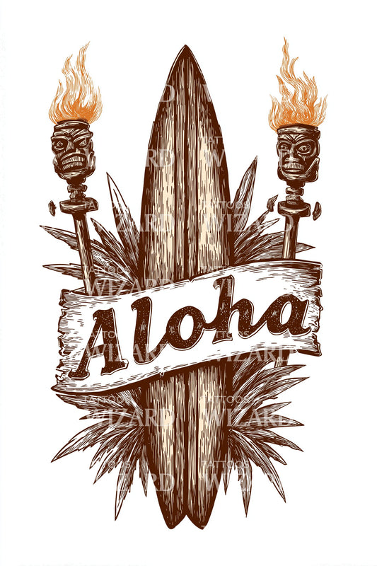 Aloha Tiki Surfboard Tattoo Design