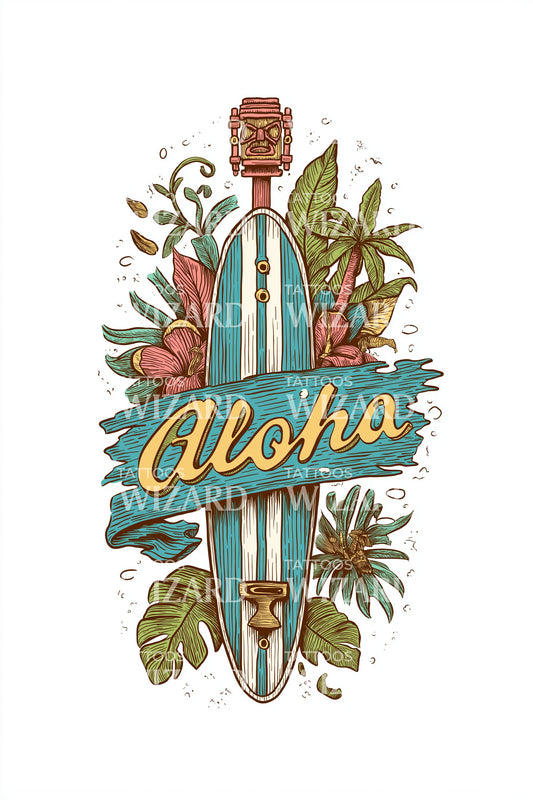 Aloha Tropical Longboard Tattoo Design