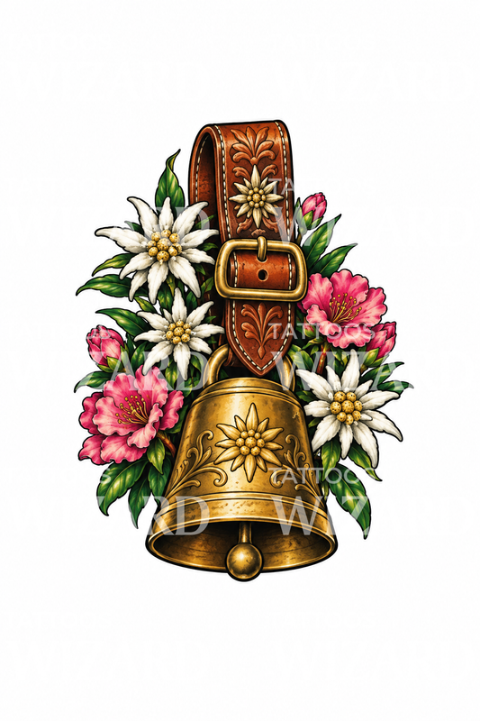 Alpine Cowbell with Edelweiss and Alpine Roses Tattoo Design
