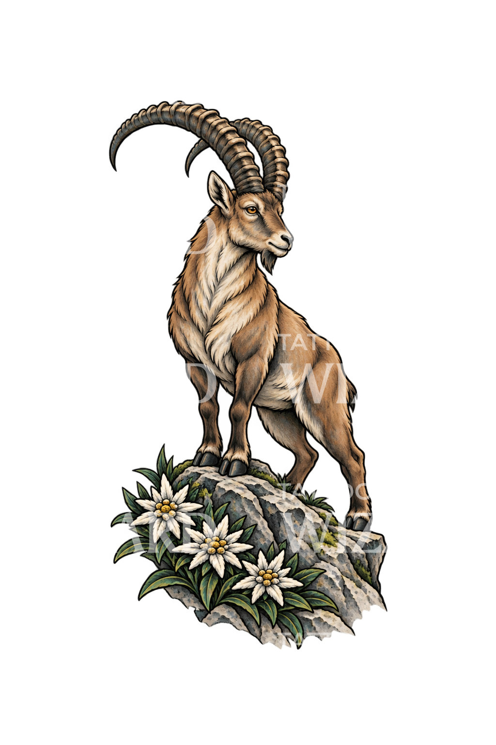 Alpine Ibex with Edelweiss Tattoo