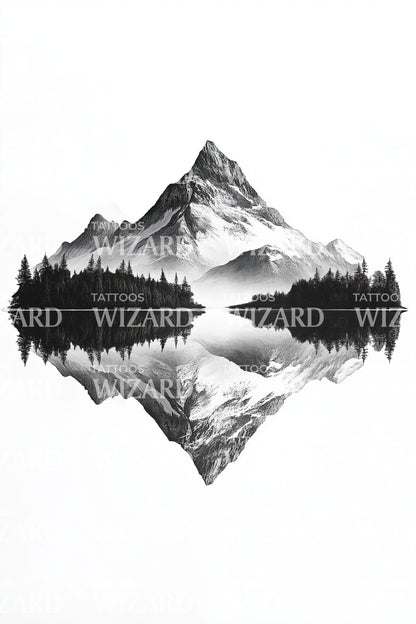 Alpine Lake Mirror Mountain Tattoo Illustration