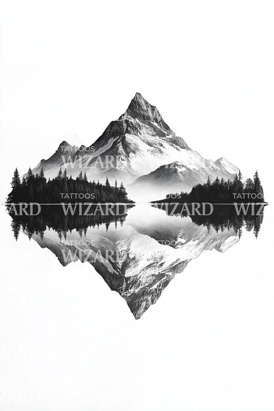Alpine Lake Mirror Mountain Tattoo Illustration