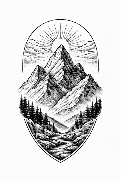 Alpine Peak Landscape Tattoo Design