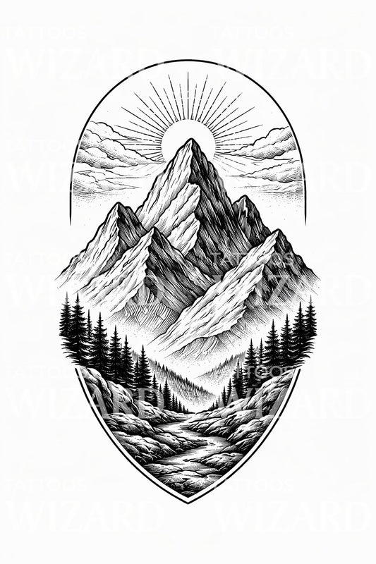 Alpine Peak Landscape Tattoo Design