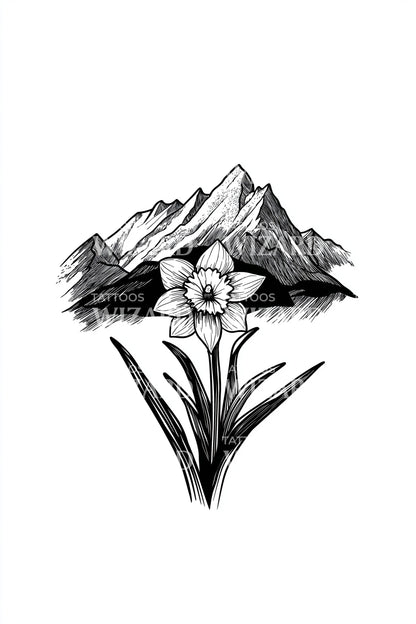 Design de Tatuagem de Narciso em Cena Alpina