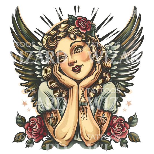 Süßes Engel Mädchen Old School Tattoo Design