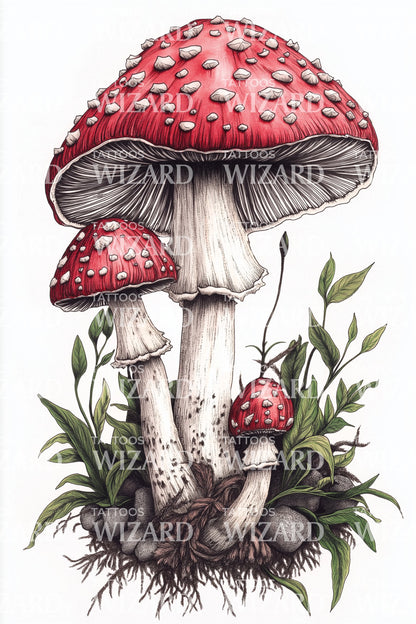 Amanita Mushroom Cluster Tattoo Illustration