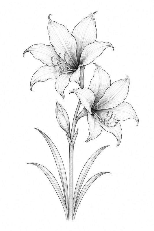 Amaryllis Çiçeği İnce Çizgi Dövme Tasarımı