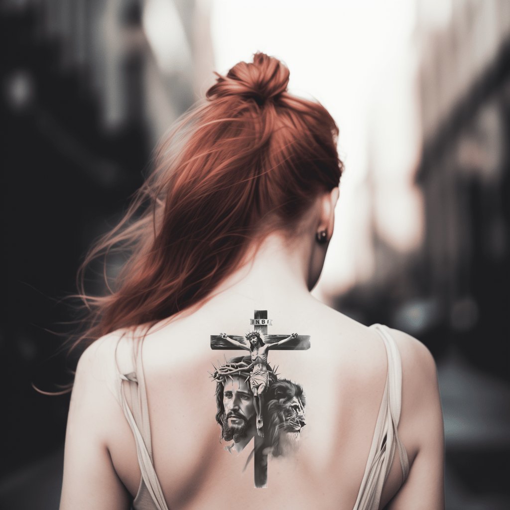 Jesus on the Cross with Lion Faith Tattoo Design