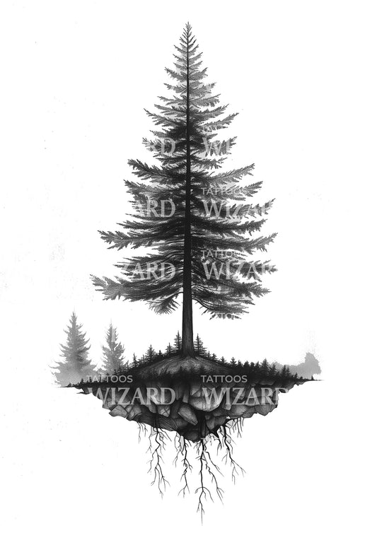 Amazing Pine Tree with Roots Tattoo Design