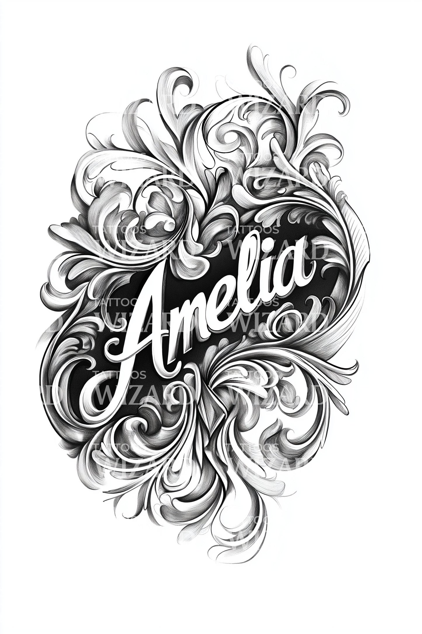 Amelia Baroque Script Tattoo Design