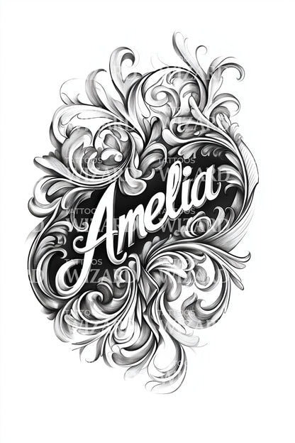 Amelia Baroque Script Tattoo Design