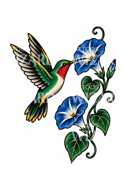 Tatouage traditionnel américain de colibri et ipomées