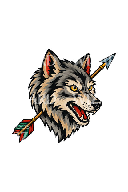 Amerikansk traditionell varg och pil tatueringsdesign
