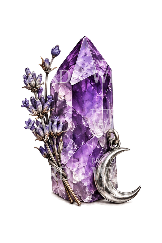 Tatuaje de cristal de amatista con lavanda y encanto lunar