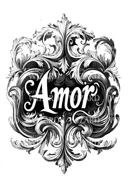 Amor Baroque Script Tattoo Design