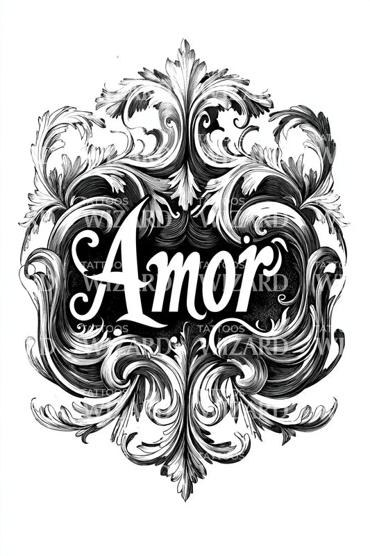 Amor Baroque Script Tattoo Design