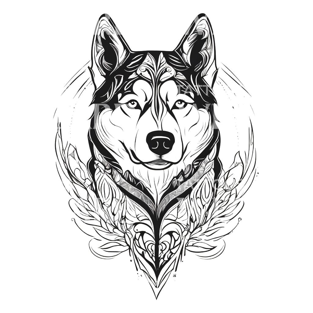 Siberian Husky Dog Head with Floral Patterns Tattoo Design