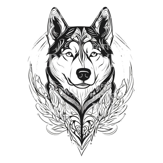 Siberian Husky Hundekopf mit floralem Muster Tattoo-Design