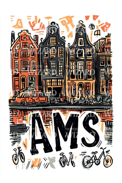 AMS Gabled Houses Tattoo Illustration
