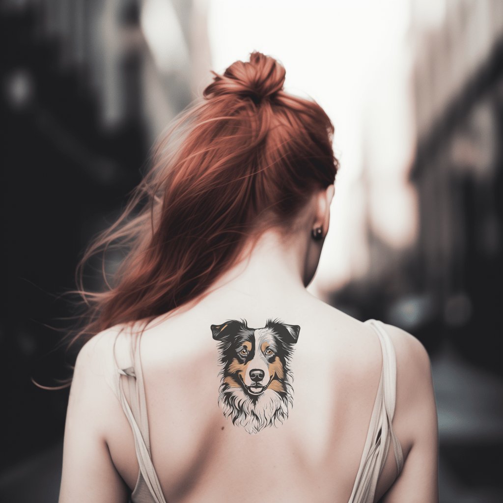 Rechteckiges Tattoo mit australischem Schäferhundkopf