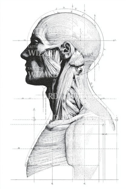 Anatomical Head Blueprint Tattoo Illustration
