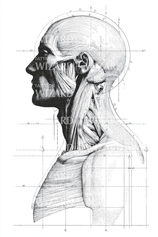 Anatomical Head Blueprint Tattoo Illustration