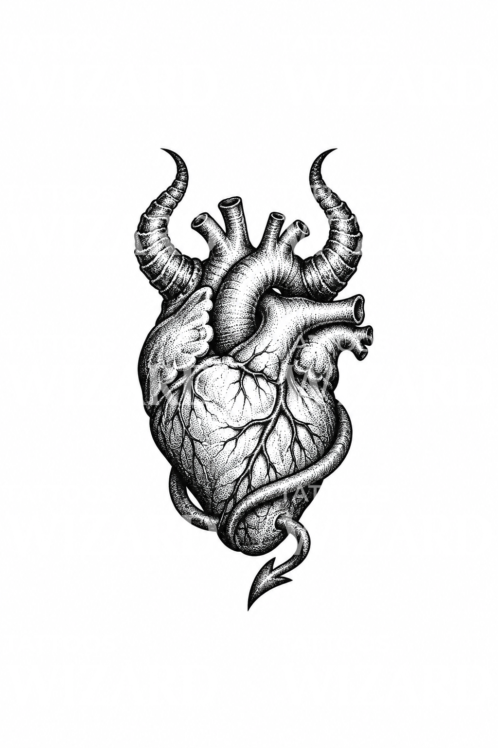 Tatuaż anatomicznego serca z diabelskimi rogami i ogonem w dotworku