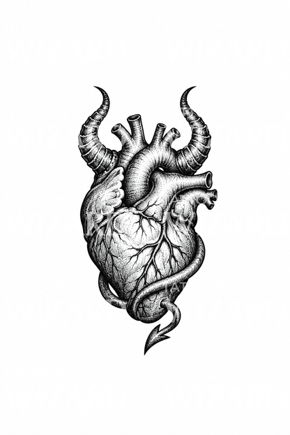 Tatuaż anatomicznego serca z diabelskimi rogami i ogonem w dotworku