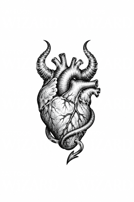 Dotwork-tatovering av anatomisk hjerte med djevelhorn og hale