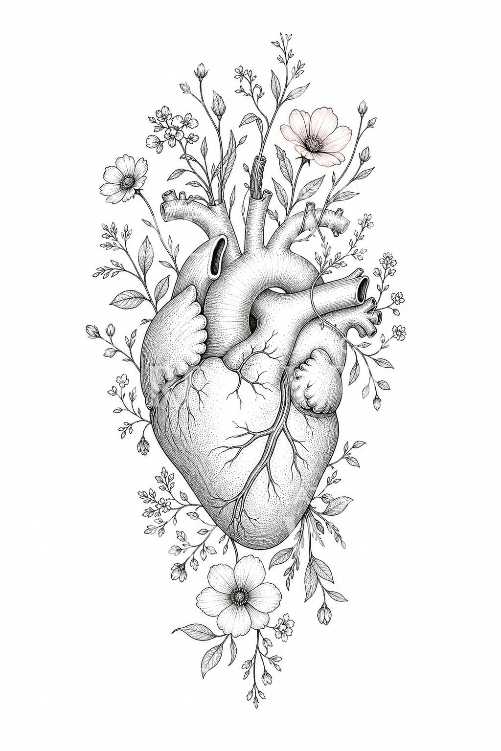 Anatomical Heart with Flowers Tattoo Design