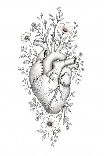 Anatomical Heart with Flowers Tattoo Design
