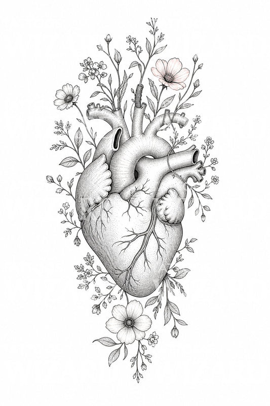Anatomisk hjerte med blomster tattoo design