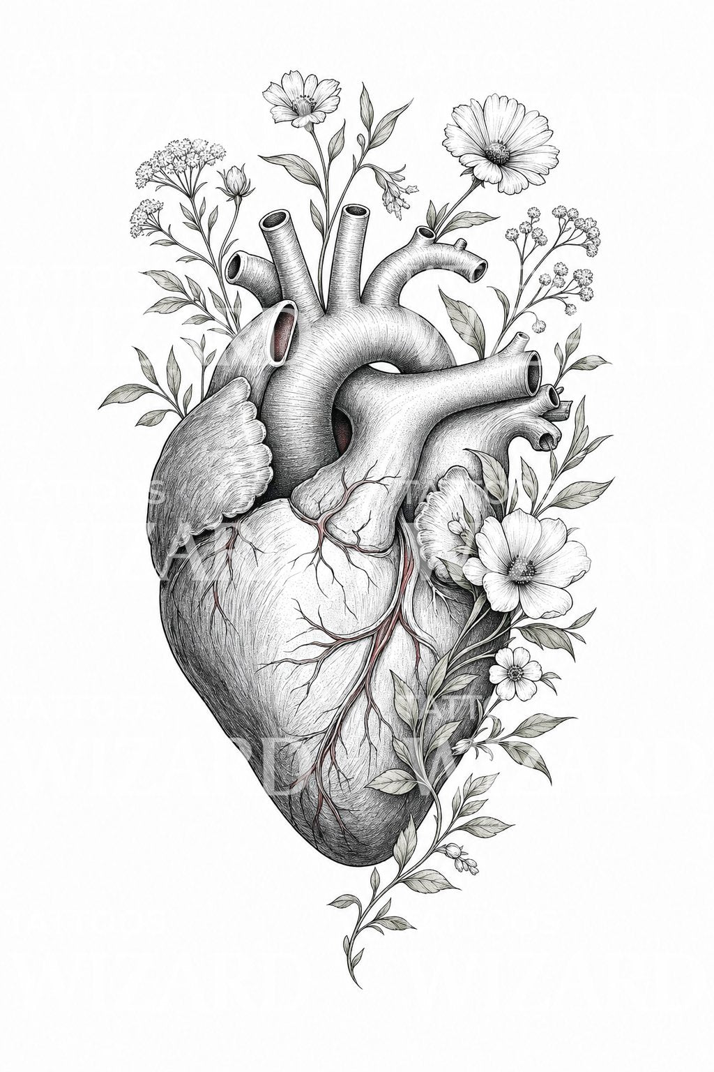 Anatomical Heart with Flowers Tattoo Design