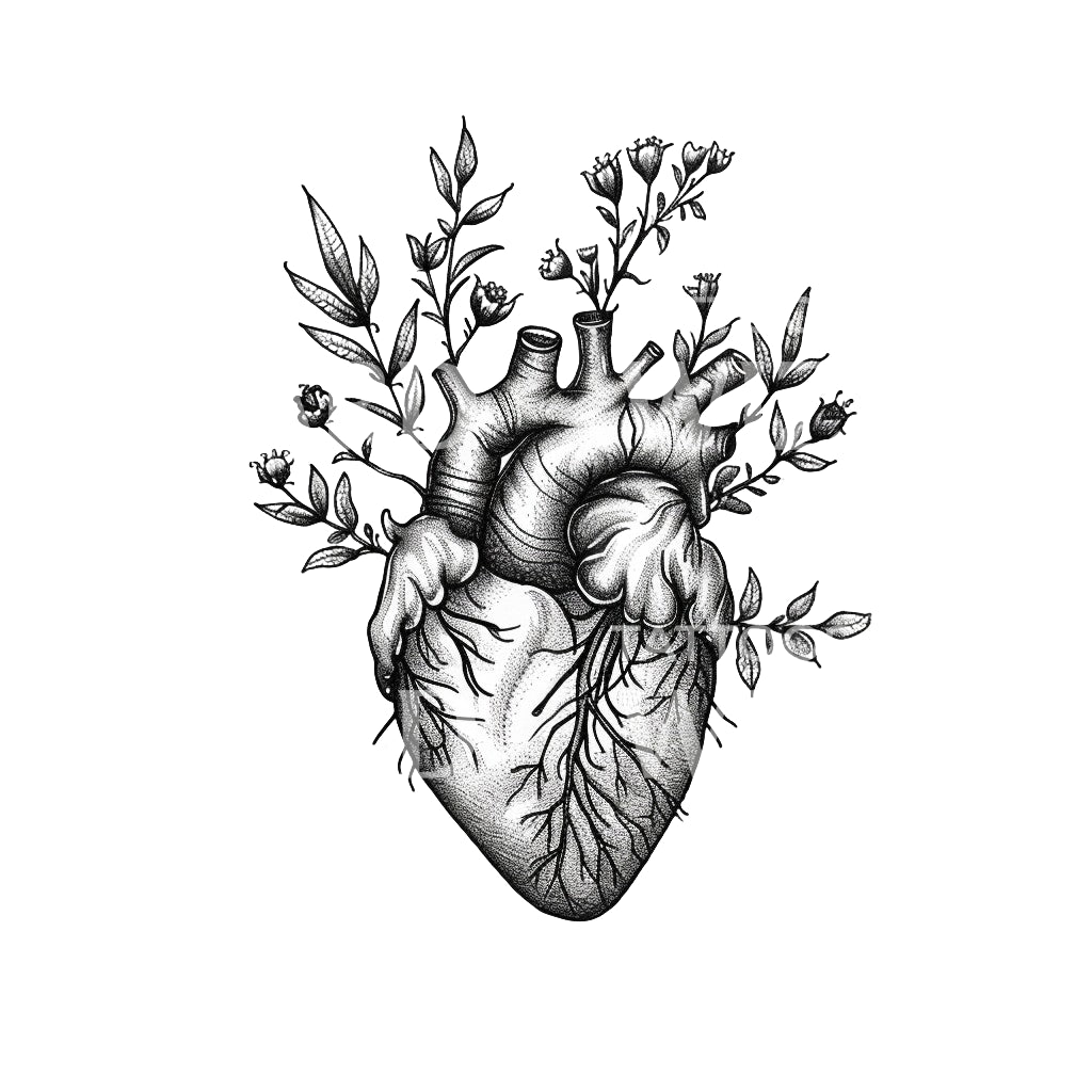 Coeur anatomique avec conception de tatouage de fleurs